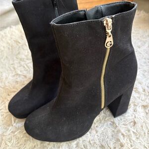 Black Suede Heeled Ankle Boots with Gold Zip